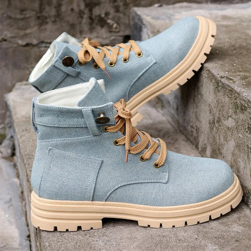 Women's lace-up denim ankle boots with platform thick heel, round toe, in grey colour