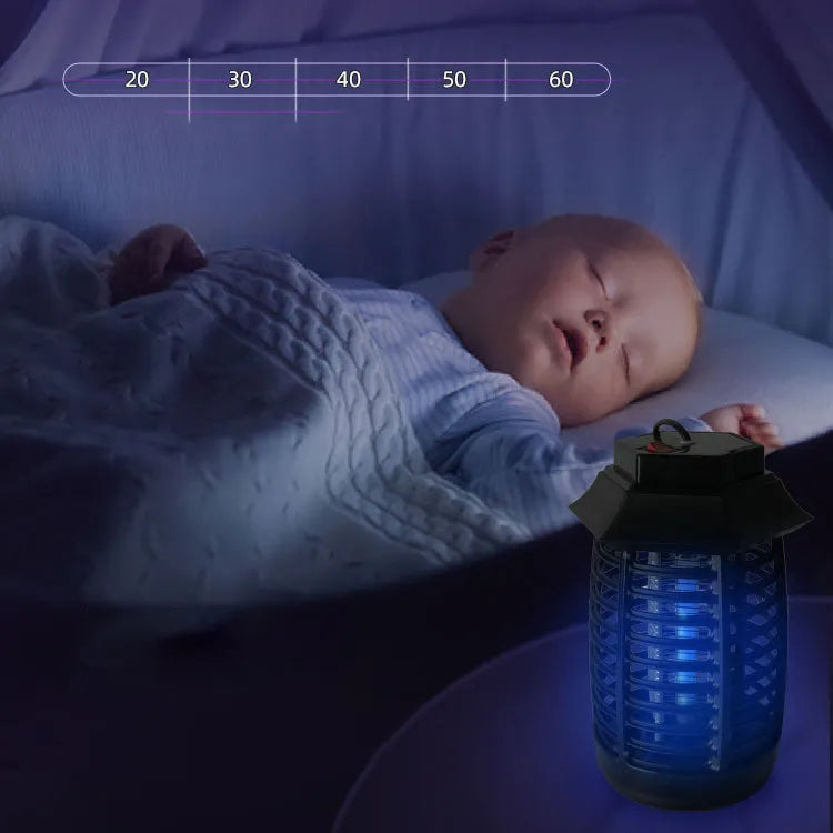 Black aromatherapy mosquito lamp with a choice of plug styles for AU, EU, UK, or US sockets on a surface.