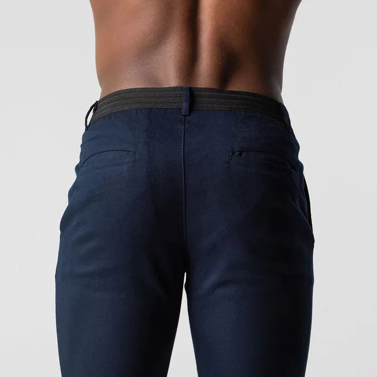 Men's casual pure cotton straight-leg pants in gray, Japanese style with mid-waist and zip fly