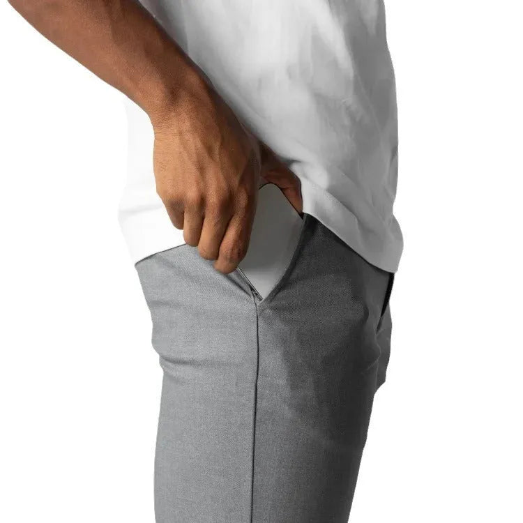 Men's casual pure cotton straight-leg pants in gray, Japanese style with mid-waist and zip fly