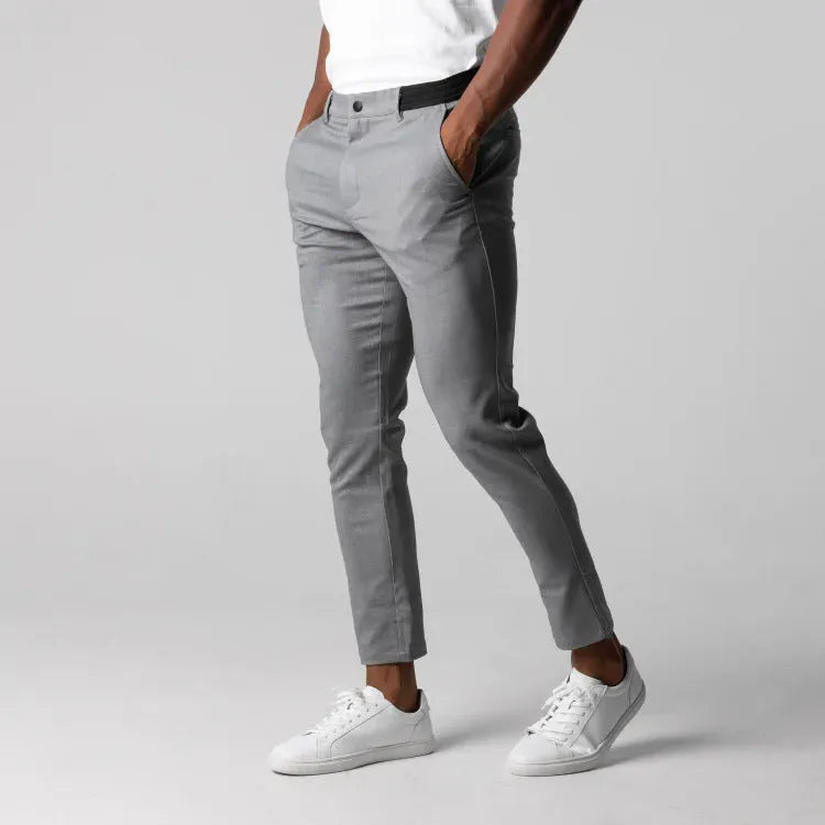 Men's casual pure cotton straight-leg pants in gray, Japanese style with mid-waist and zip fly