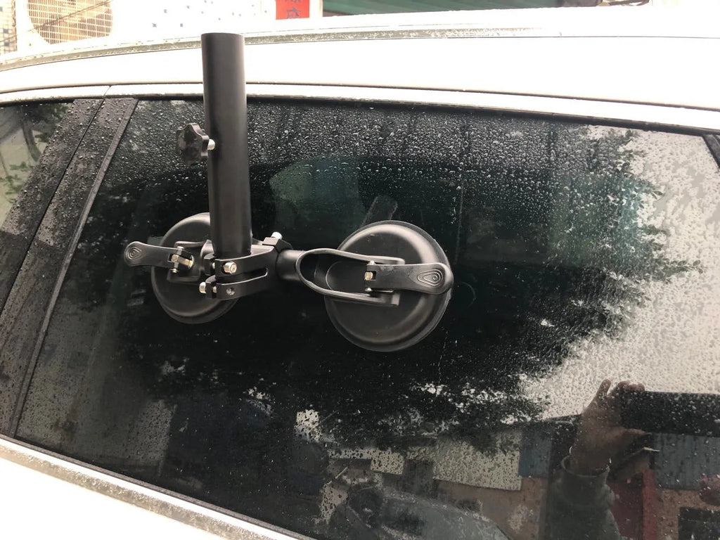 Black ABS plastic and rubber car window sucker base for mounting flagpoles to vehicle glass