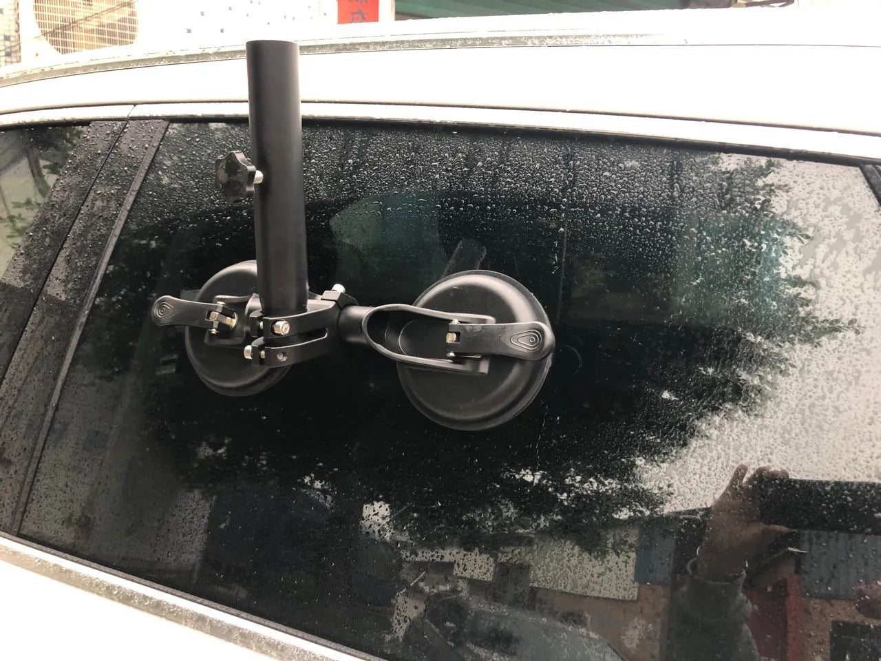 Black ABS plastic and rubber car window sucker base for mounting flagpoles to vehicle glass