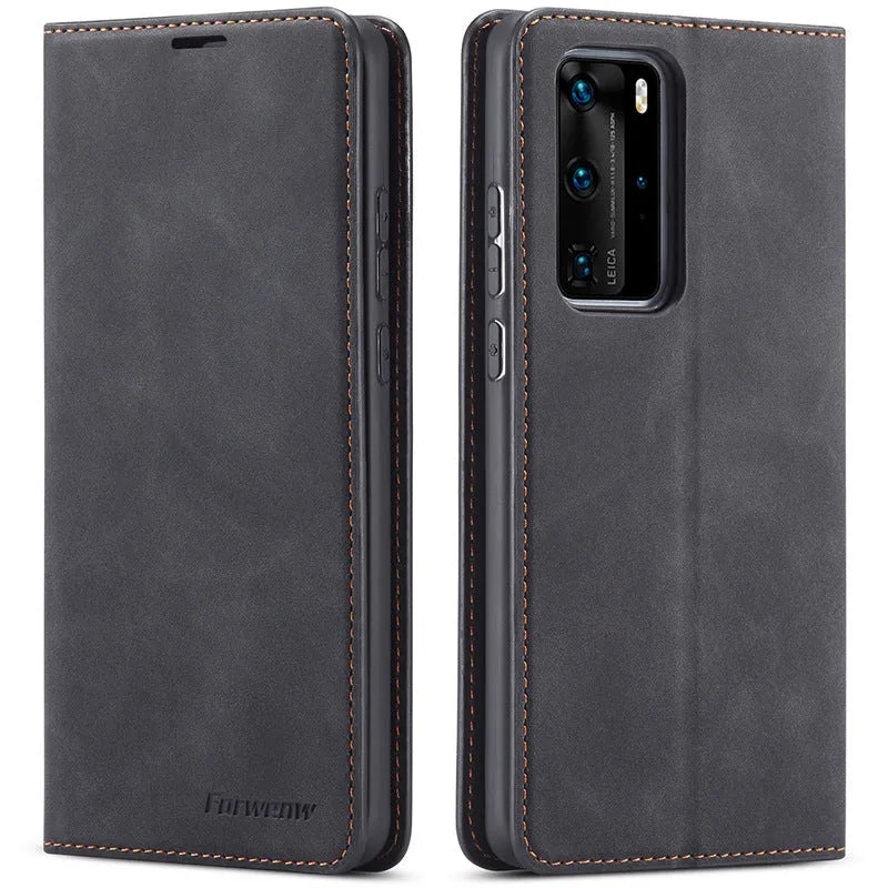 Flip-style card-inserting mobile phone case in black for Huawei P40Pro with card slots visible