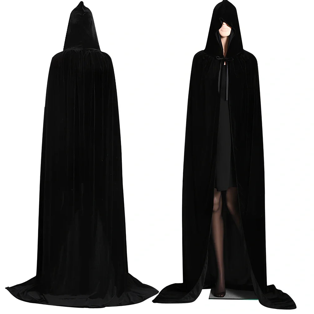 Golden velvet Halloween cloak in purple, 130 cm length with 48 cm hood and neck tie for wizard cosplay