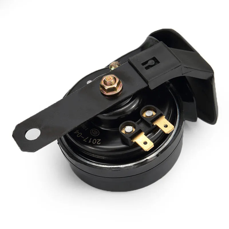 12V 110dB car motorcycle horn in black with ABS construction showing compact oval shape