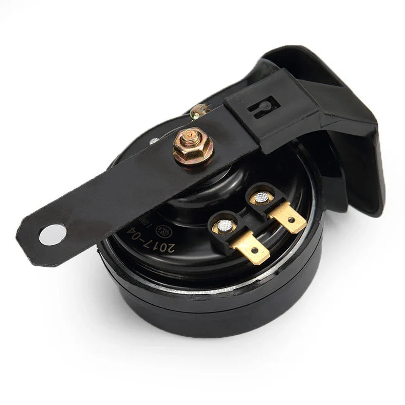 12V motorcycle horn in black measuring 12.7x8.1cm with 110dB output