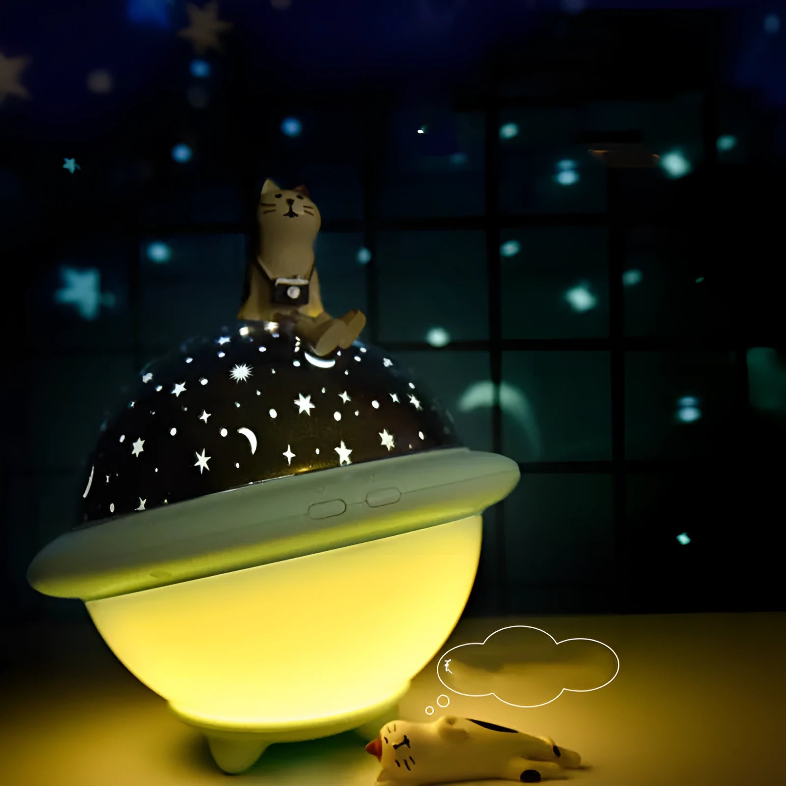 Green UFO-shaped starry sky projection night light with LED display and dual power options