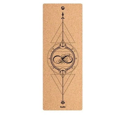 Cork yoga mat showing asana guide lines pattern with 183cm length and natural texture surface