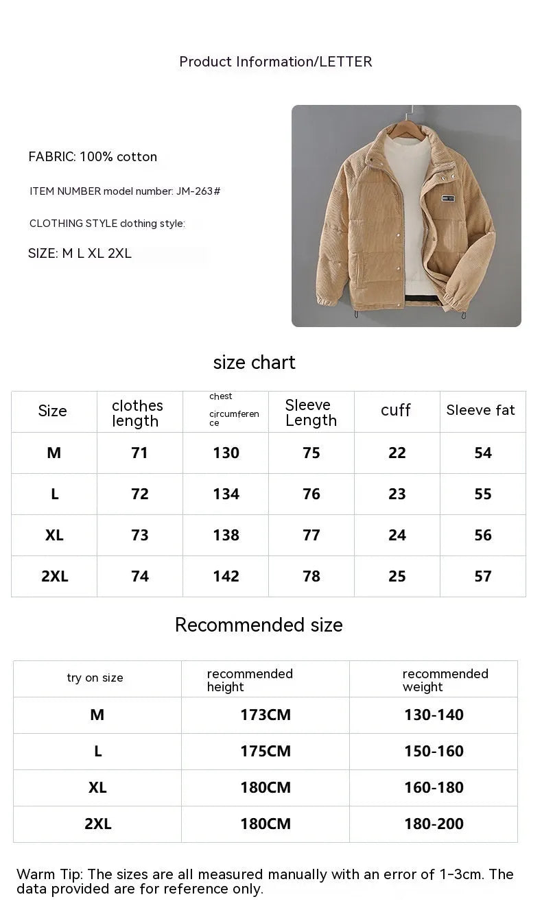 Men's puffer jacket cardigan style with patch pockets in black, khaki and gray, sizes M to 5XL