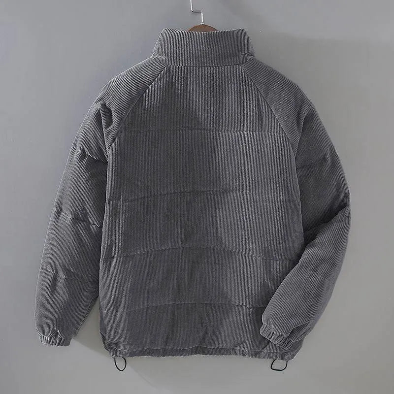 Men's puffer jacket cardigan style with patch pockets in black, khaki and gray, sizes M to 5XL