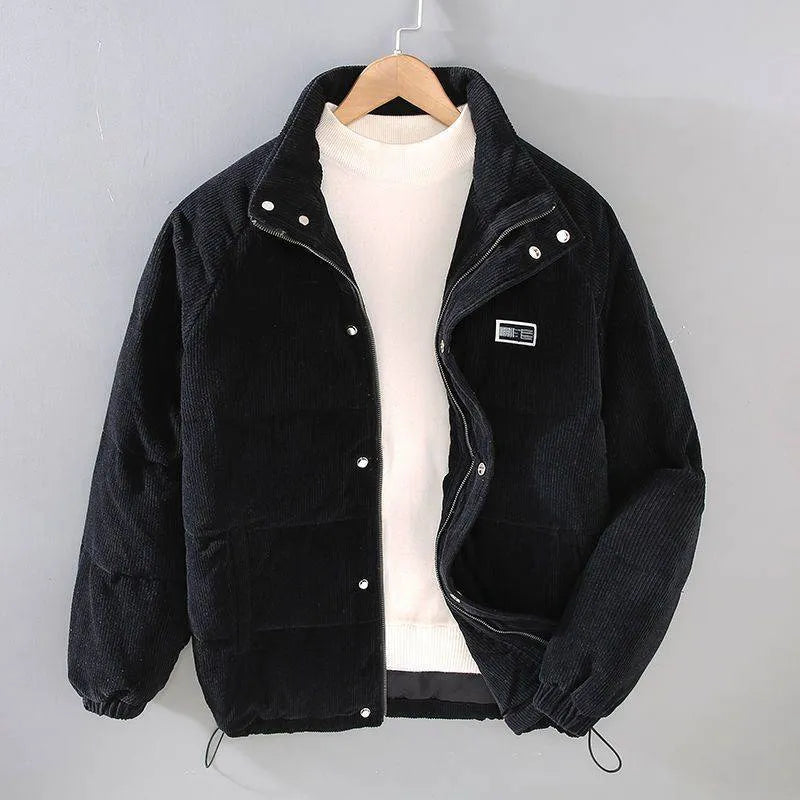 Men's puffer jacket cardigan style with patch pockets in black, khaki and gray, sizes M to 5XL