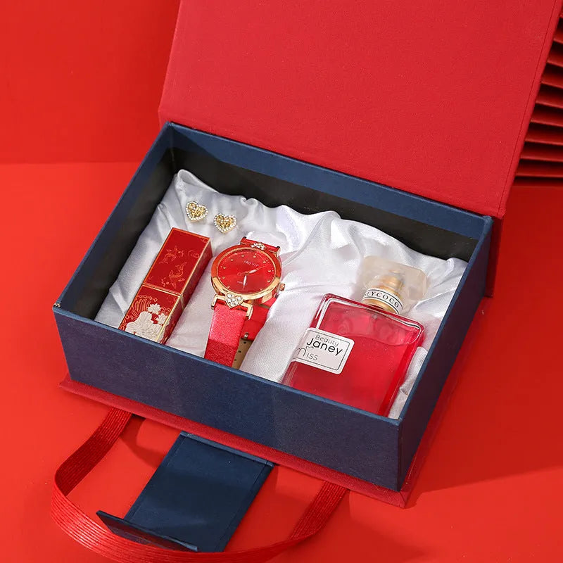 Gift set box containing watch, lipstick, perfume, and earrings in a red gift box with leather strap and metal case
