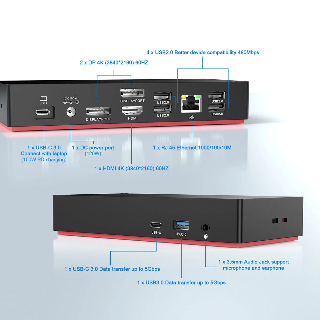 12-port Type-C docking station with 4K display support and external power adapter, 81.5cm cable, black