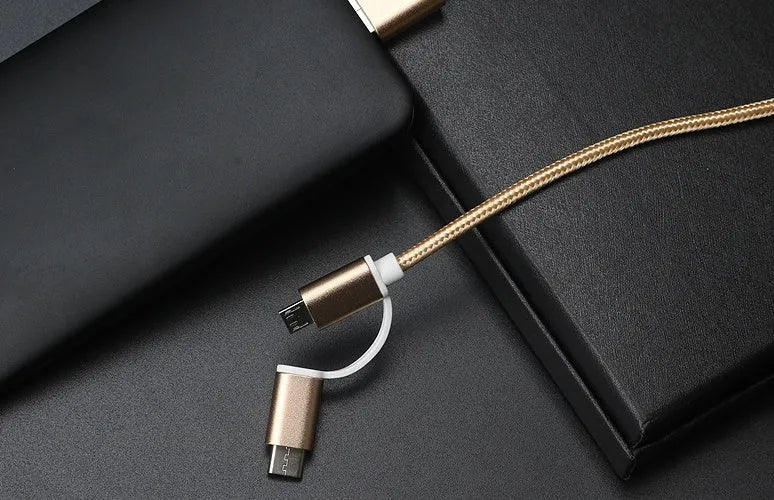 Black 2-in-1 USB Type C Micro USB braided fast charging data cable 1 metre aluminium alloy connectors