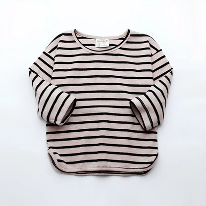 Black or red striped 100% cotton long sleeve T-shirt for baby girls, sizes 80-104 with lengths 34-43cm