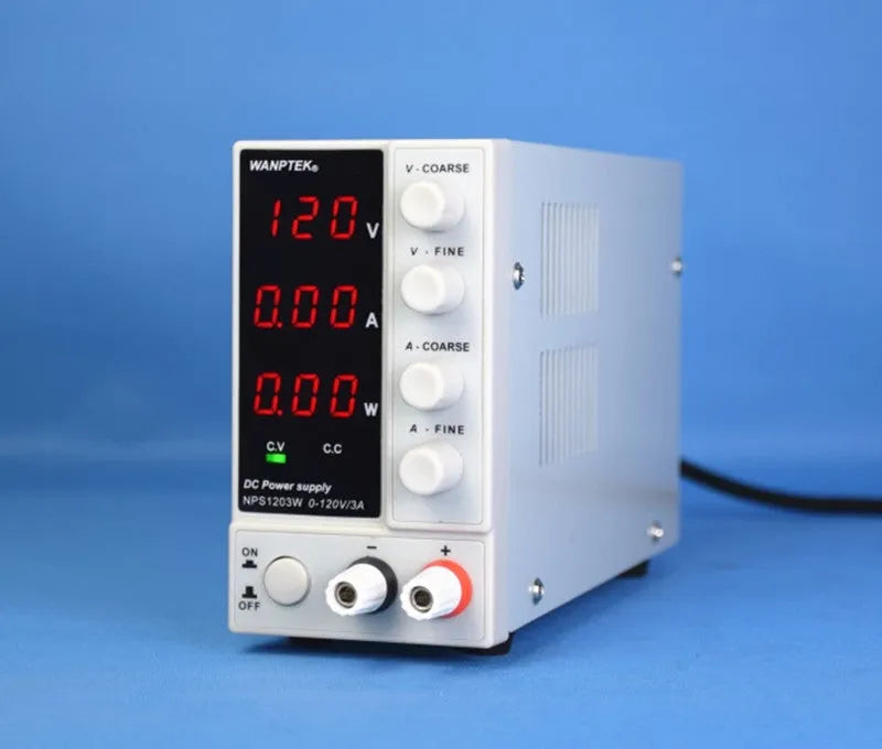 White NPS605W adjustable DC bench power supply with voltage and current dials for electronics repair.