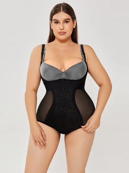 Women's shapewear bodysuit for tummy control and slimming effect in black and apricot