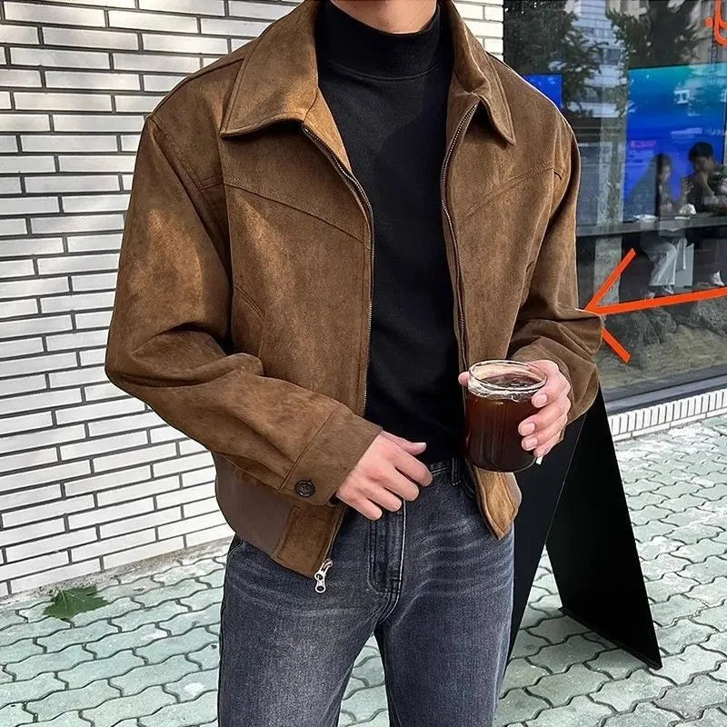 Loose fit Hong Kong style short jacket in brown suede fabric with lapel collar, front view