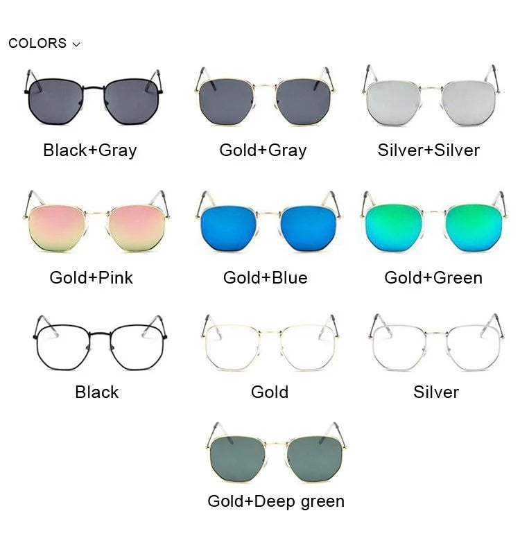 Women's hexagonal sunglasses with UV400 protection in various colors