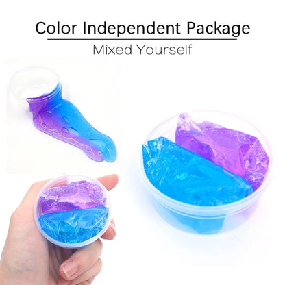 Gradient multicolor crystal mud slime in a plastic box, showcasing its vibrant colors and smooth texture