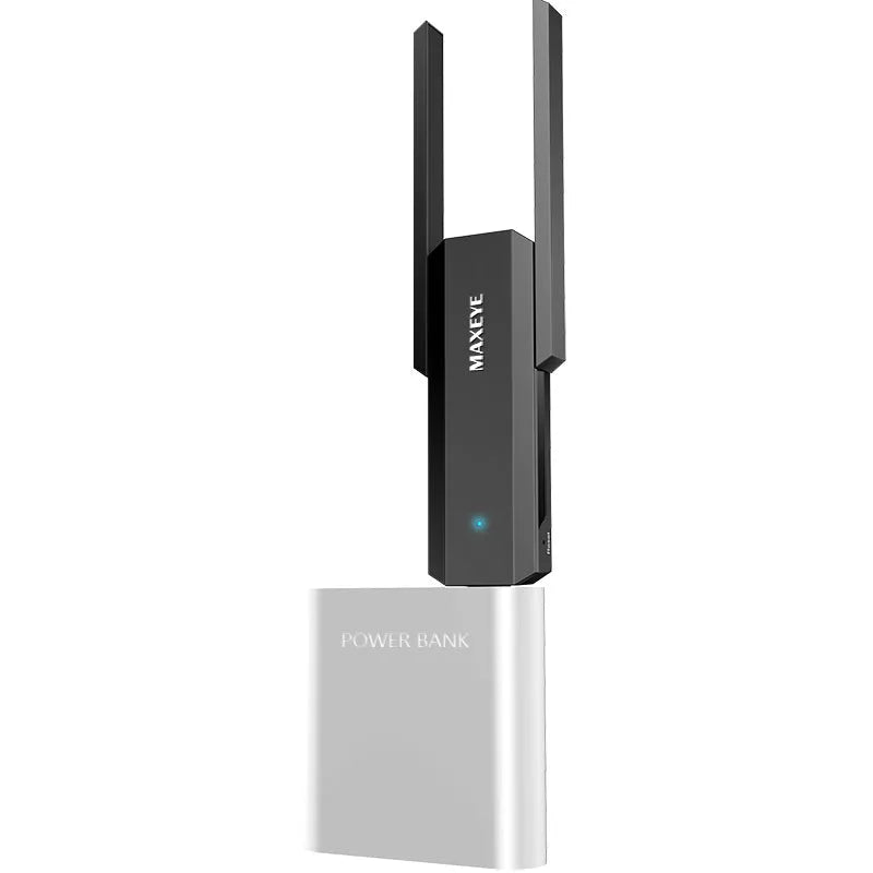 300M WiFi signal amplifier in black, compact size 116mm x 45mm x 14mm, for extending home network coverage