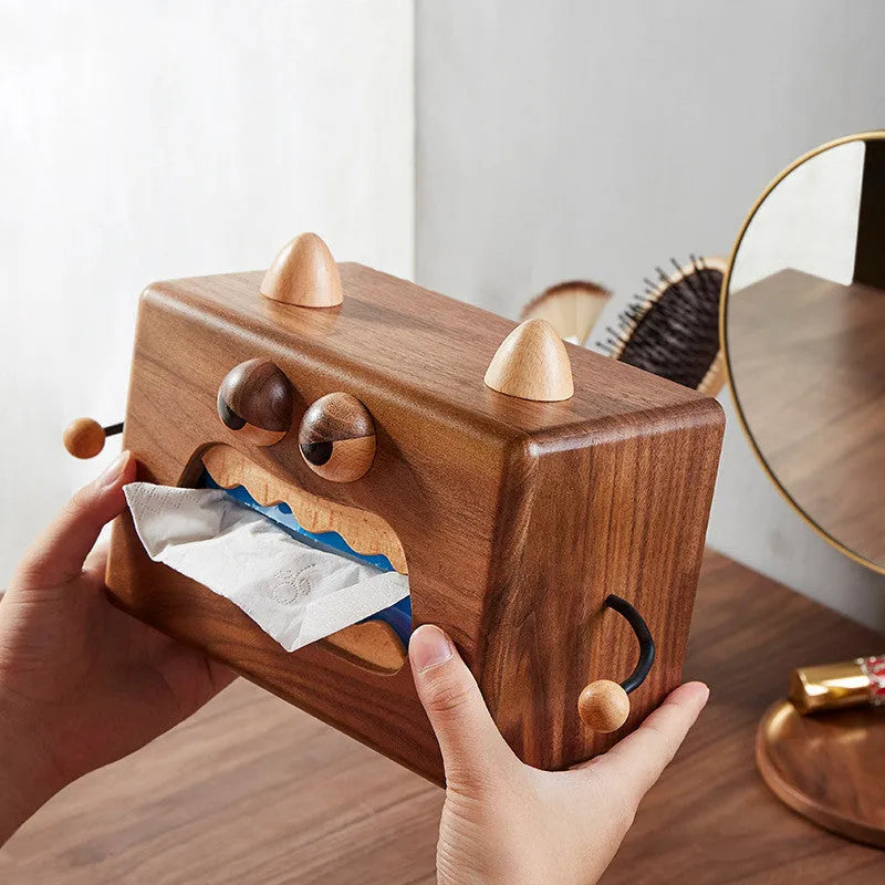 Cartoon Little Monster wooden tissue box in Walnut Beech colour measuring 190mm