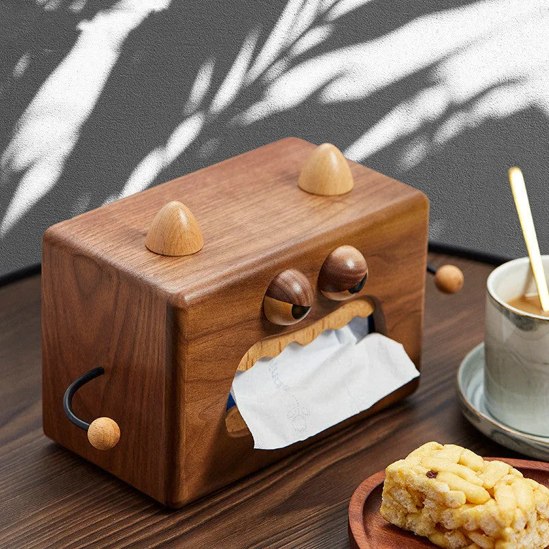 Cartoon Little Monster wooden tissue box in Walnut Beech colour measuring 190mm