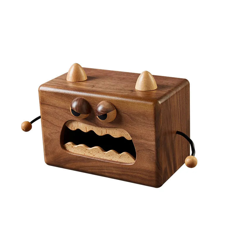 Cartoon Little Monster wooden tissue box in Walnut Beech colour measuring 190mm