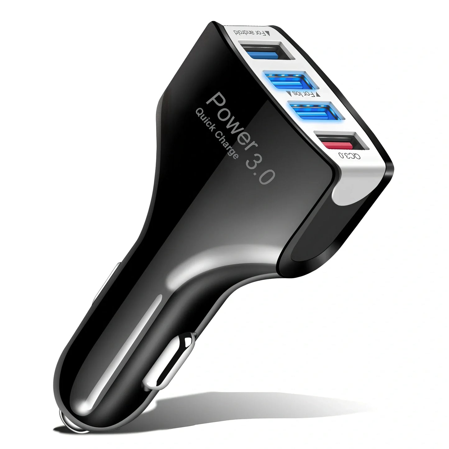 Black car 4-port USB charger with 3000mA output, PC fire-resistant material, fits 12-24V sockets