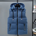 Men's thickened solid colour vest with a detachable hood, shown in blue.