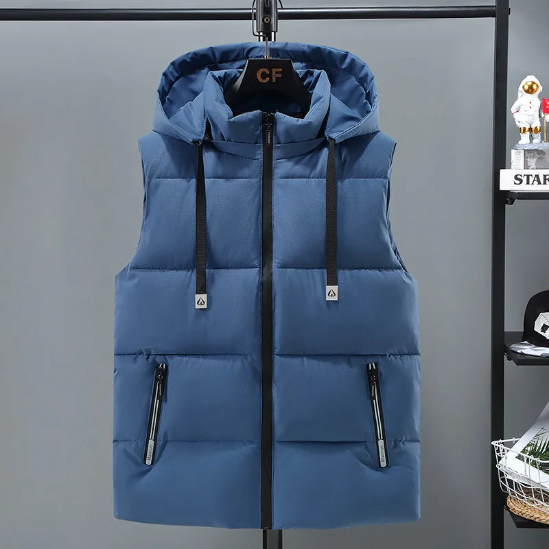 Men's thickened solid colour vest with a detachable hood, shown in blue.