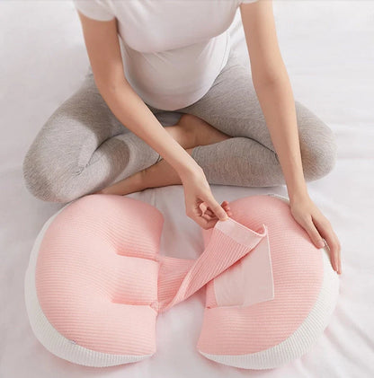 U-shape pregnancy waist pillow in pink grey, pink white, and blue white options