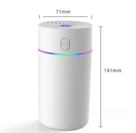 Compact white car USB humidifier with aromatherapy function placed on a car dashboard.