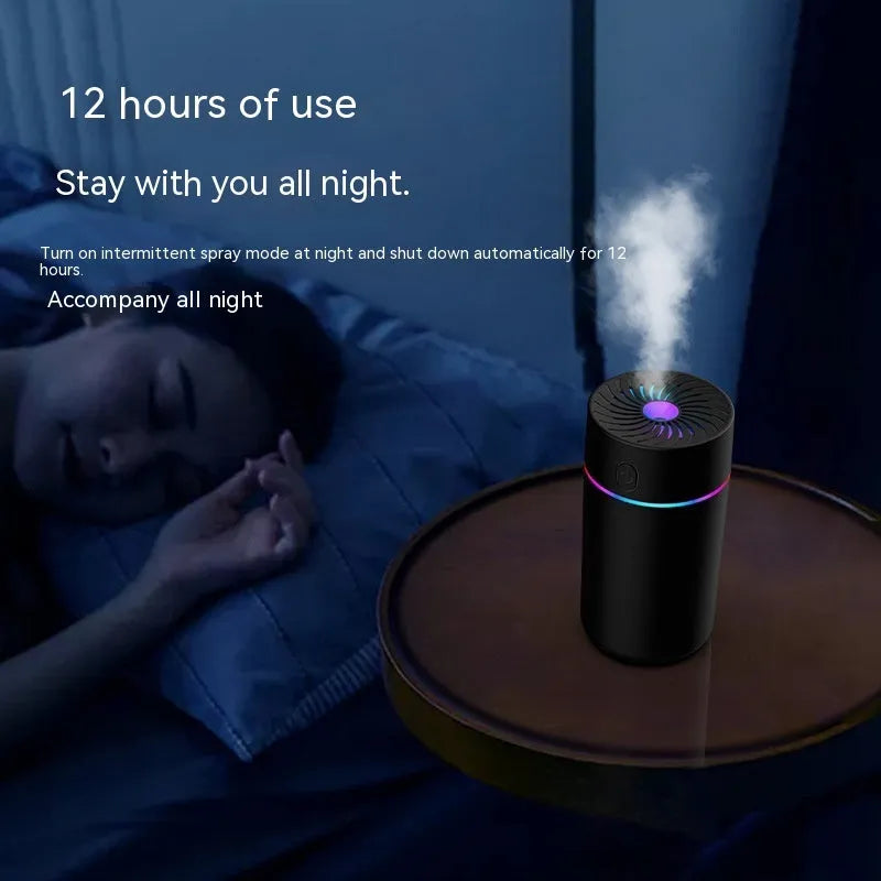Compact white car USB humidifier with aromatherapy function placed on a car dashboard.