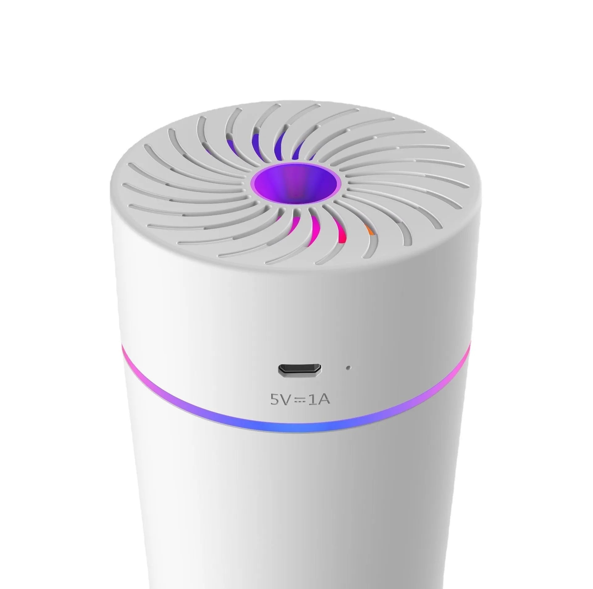 Compact white car USB humidifier with aromatherapy function placed on a car dashboard.