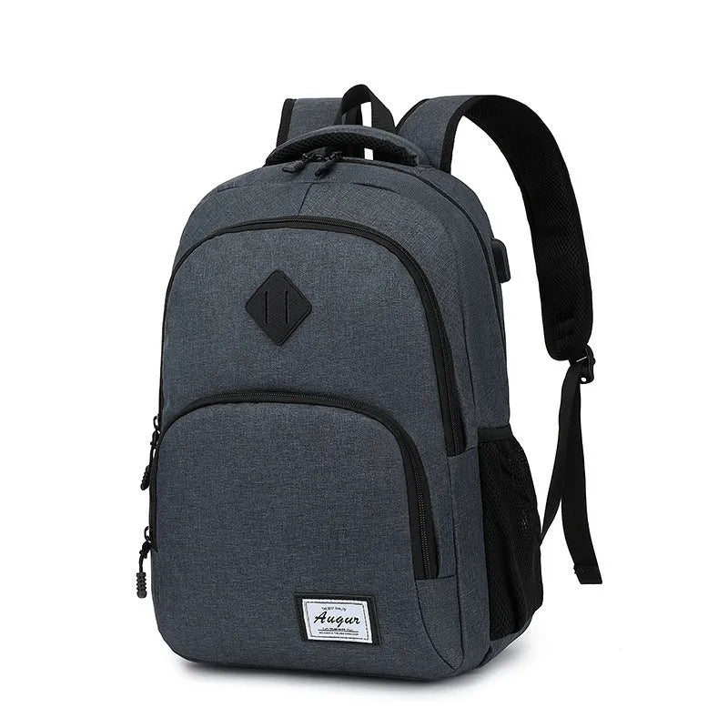 Grey nylon USB charging backpack with trolley case sleeve showing dimensions 32x46cm