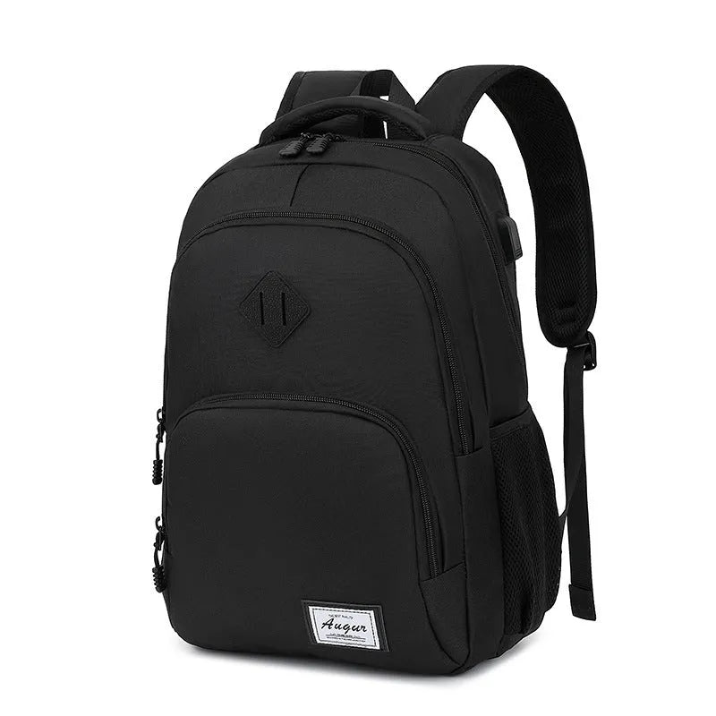 Grey nylon USB charging backpack with trolley case sleeve showing dimensions 32x46cm