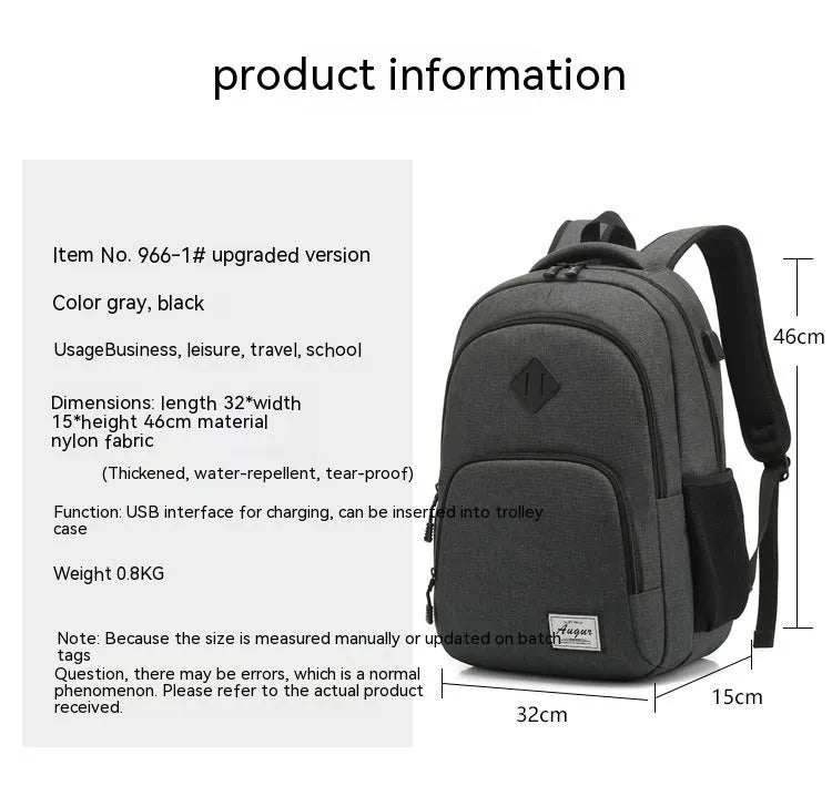 Grey nylon USB charging backpack with trolley case sleeve showing dimensions 32x46cm
