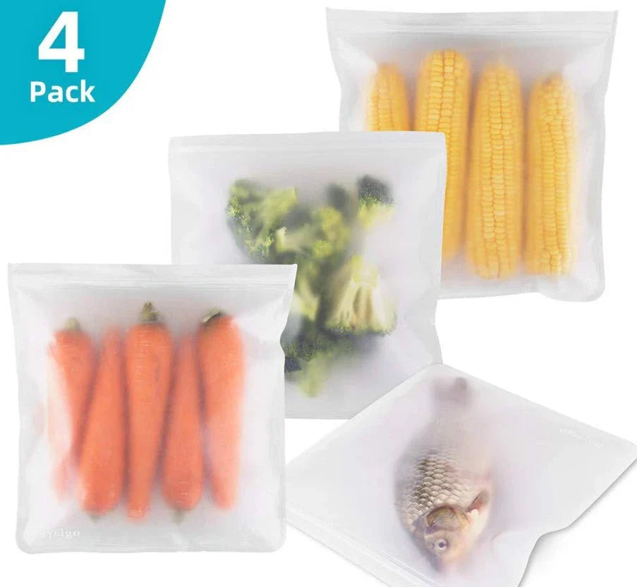 Premium PEVA food storage bags with airtight silicone seal, temperature-resistant, and reusable design