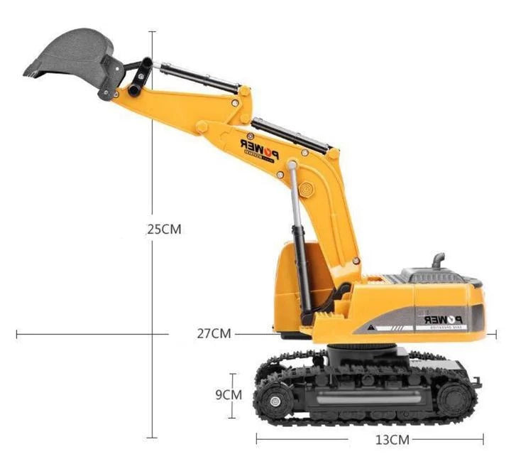 Alloy remote control excavator with vibrant colours, realistic lighting, and sound effects
