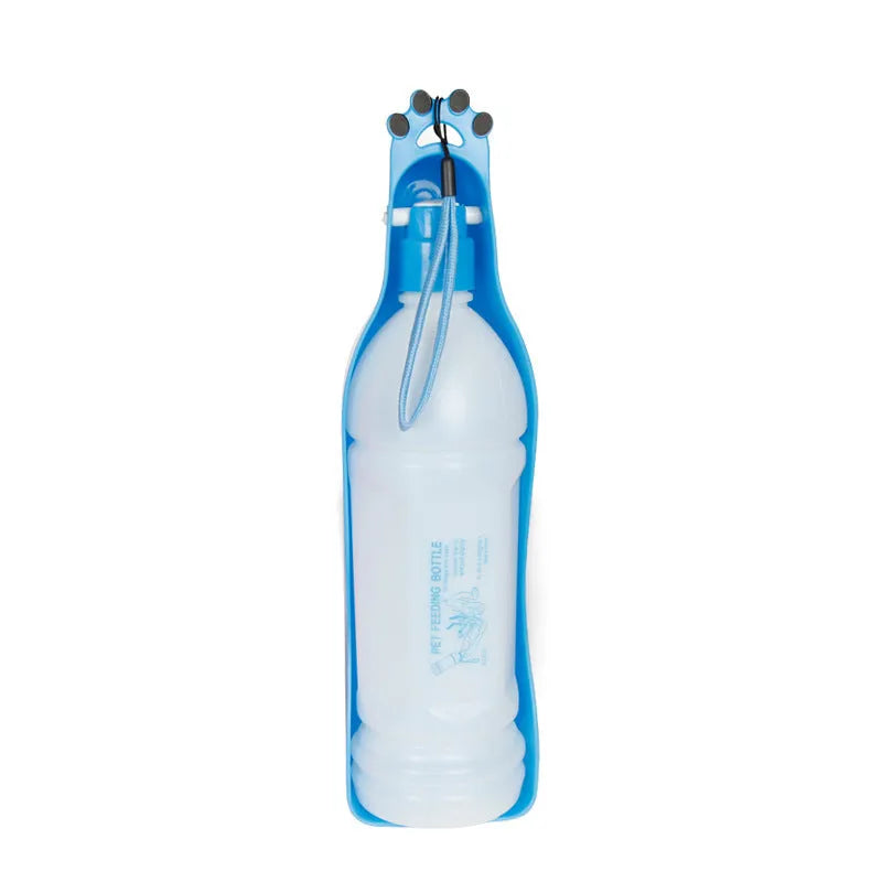 Blue portable pet cup drinker with stretch cover and 600ml capacity, shown on outdoor background