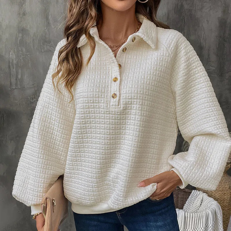 Women's textured polo collar solid colour sweater in beige on a hanger.