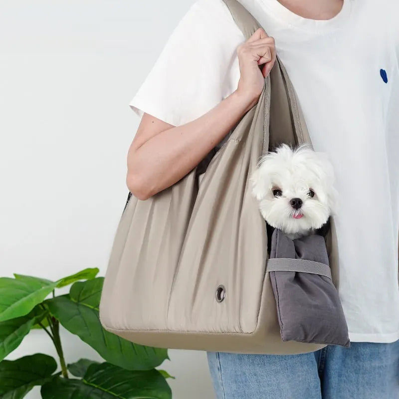 Apricot-coloured cloth pet carrier handbag showing medium dimensions of 41cm width