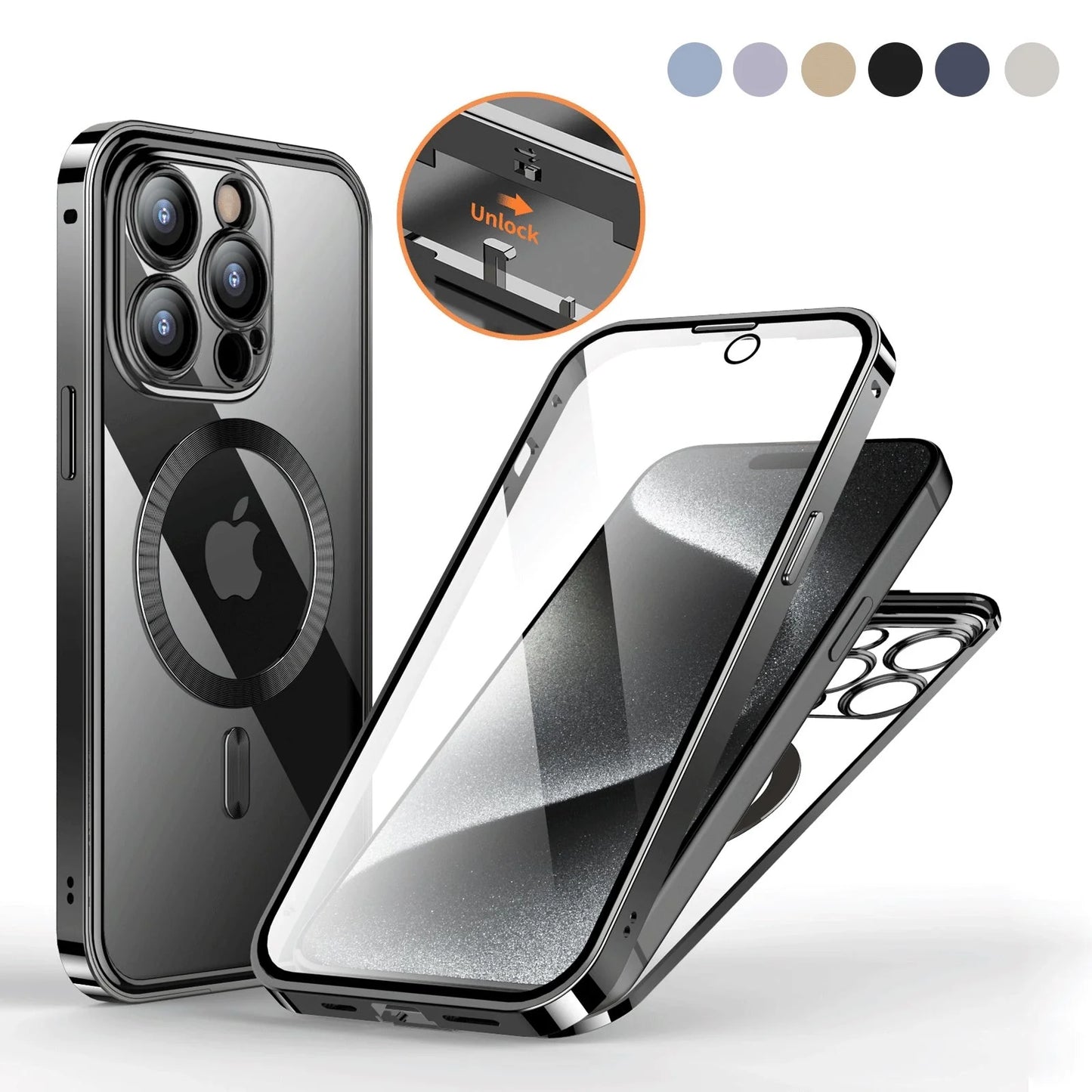 Metal buckle magnetic wireless charging full cover phone case for iPhone models in various colors