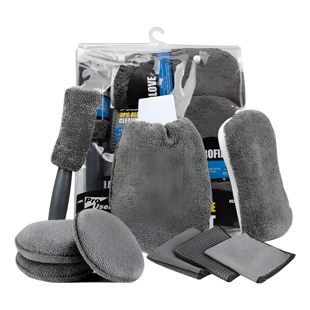9-piece grey car wash cleaning set with microfiber towels, sponge, tire brush and waxing wipes