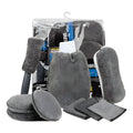 9-piece grey car wash cleaning set with microfiber towels, sponge, tire brush and waxing wipes