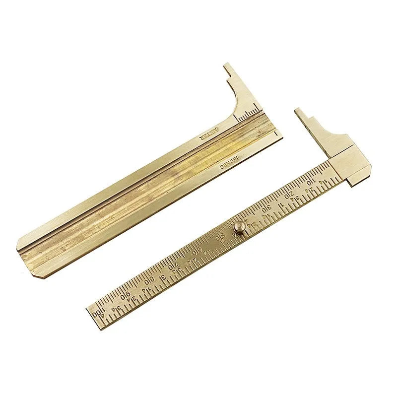 Double scale mini copper caliper with brass body, 100mm range, showing dual metric and imperial scales