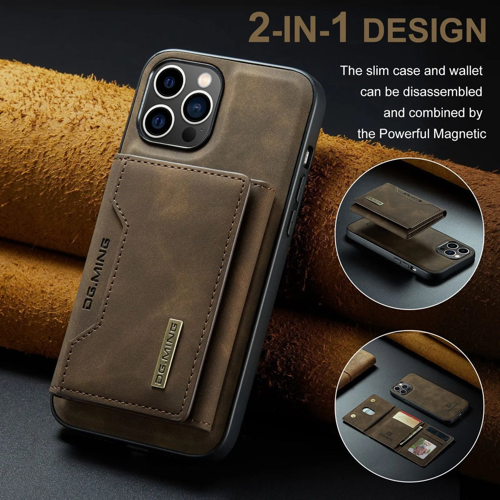 Magnetic card holder split phone case for iPhone in retro PU leather, black colour, with card slot and magnetic attachment