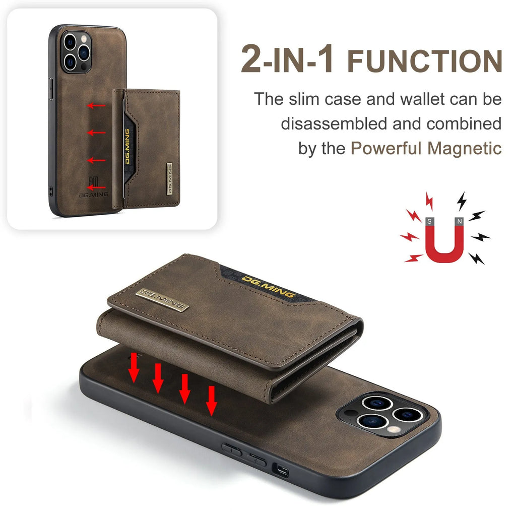 Magnetic card holder split phone case for iPhone in retro PU leather, black colour, with card slot and magnetic attachment